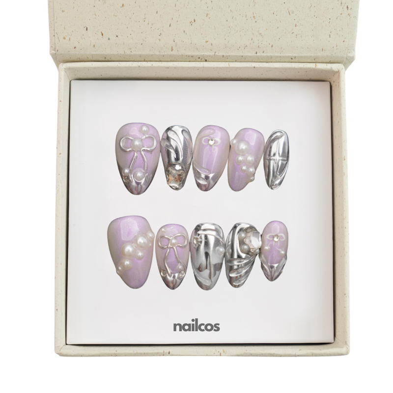 Violet Bow Short Almond Chrome Press-on Nails