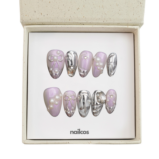 Violet Bow Short Almond Chrome Press-on Nails