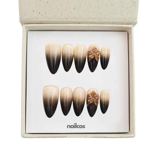 Gilded Noir Midium Almond 3D Floral,Cat Eye Press-on Nails