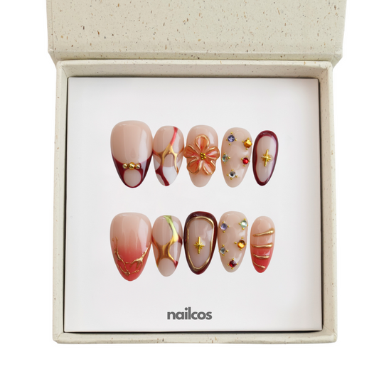 Ember Kiss Short Almond Chrome,3D Floral Press-on Nails