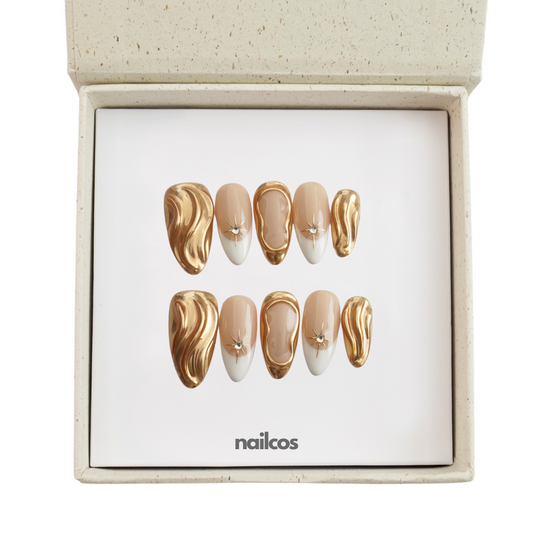 Golden Flow Medium Almond French,3D Press-on Nails