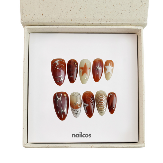 Crimson Medium Almond Autumn,Painted Press-on Nails