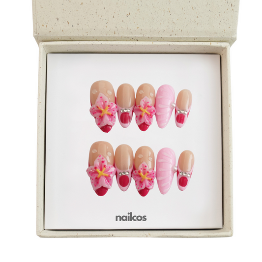 Lily Glow Medium Almond 3D Floral,Spring Press-on Nails