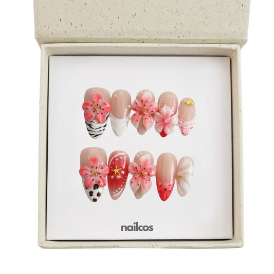 Coral Medium Almond 3D Floral,Summer Press-on Nails