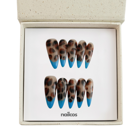 Blue Leopard Stiletto French,Animal Print Press-on Nails