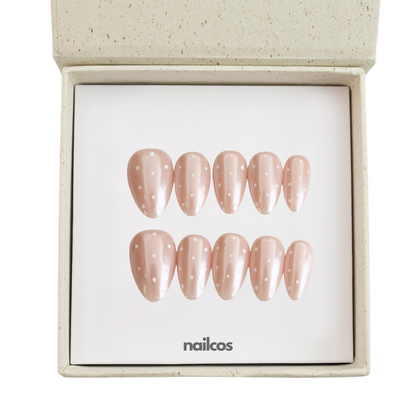 White Dots Short Almond Polka Dot,Glazed Press-on Nails