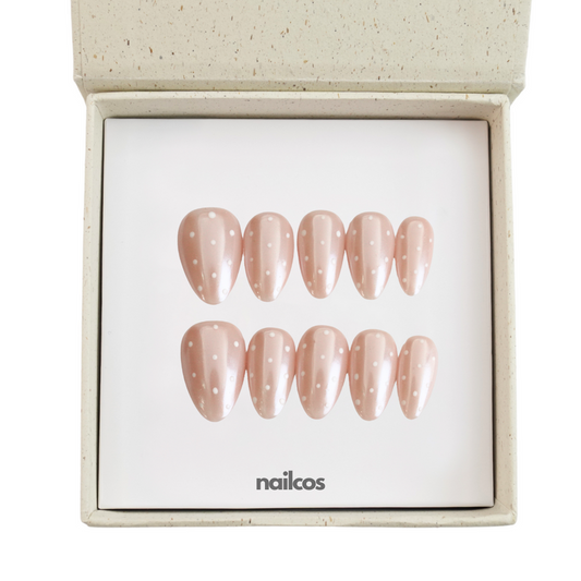 White Dots Short Almond Polka Dot,Glazed Press-on Nails