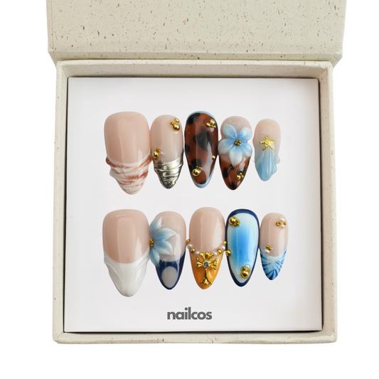 Falling Blue Medium Almond 3D Floral,Autumn,Aura Press-on Nails