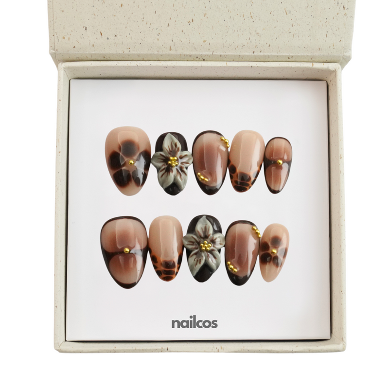 Noir Flora Short Almond 3D Floral,Autumn Press-on Nails