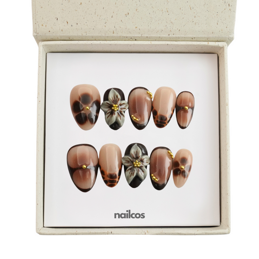 Noir Flora Short Almond 3D Floral,Autumn Press-on Nails