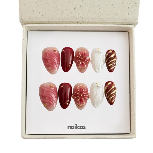 Crimson Petal Short Almond 3D Floral,Autumn Press-on Nails