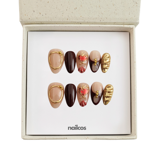Autumn Leaf Short Almond Autumn,Painted Press-on Nails