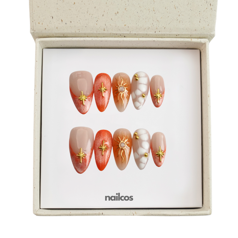 Solar Flame Medium Almond Cat Eye,Celebrity Merch Press-on Nails