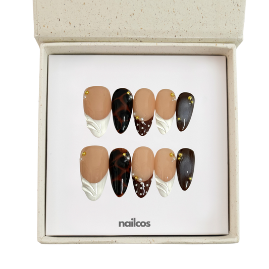 Cocoa Fall Medium Almond French,Animal Print Press-on Nails