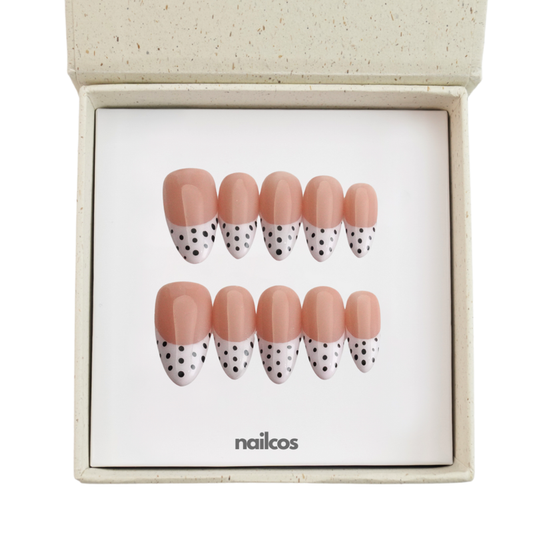 Pink Dot Medium Almond French,Kawaii / Polka Dot,Wedding / Glazed Press-on Nails