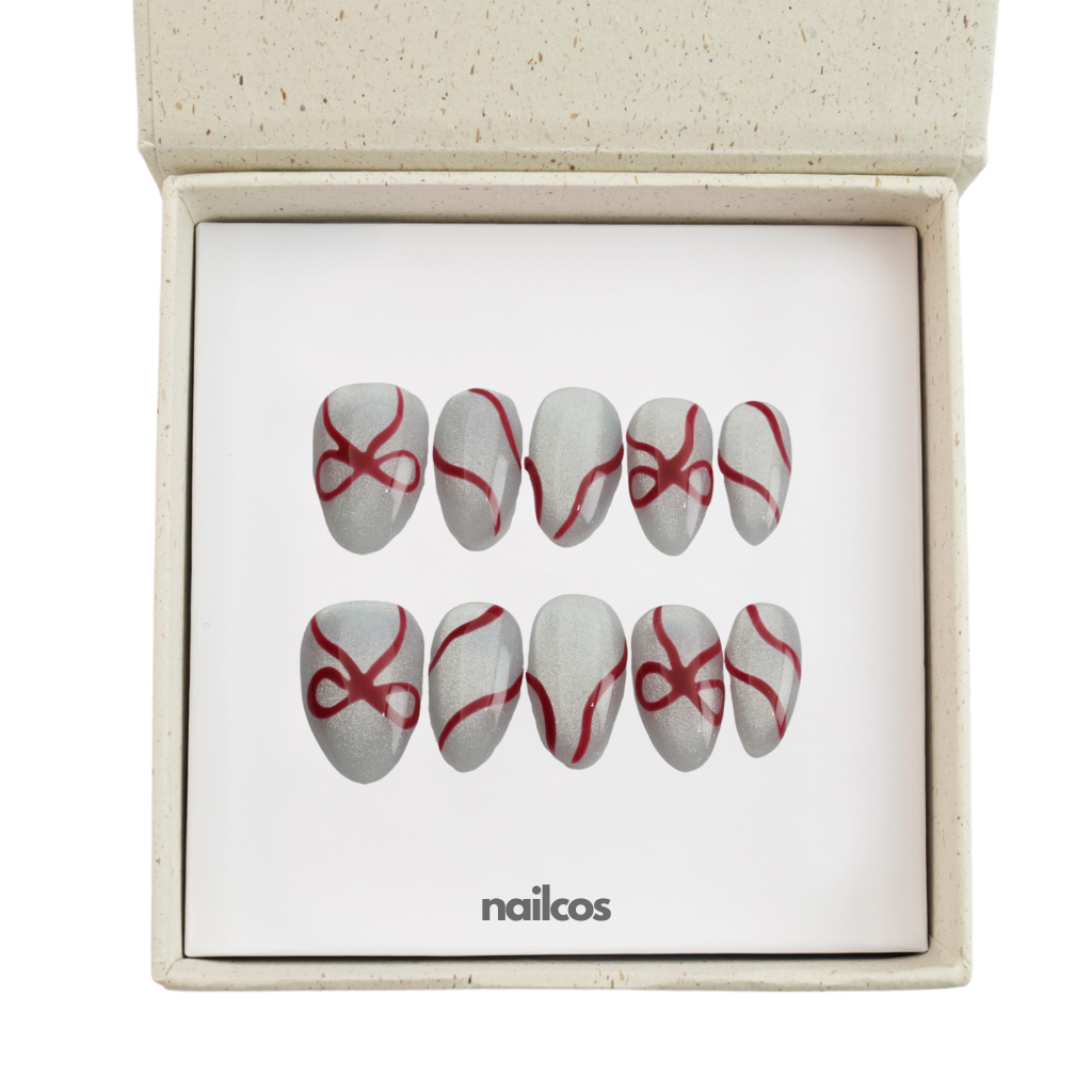 Ribbon Glaze Short Almond Cat Eye,Christmas / Winter Press-on Nails