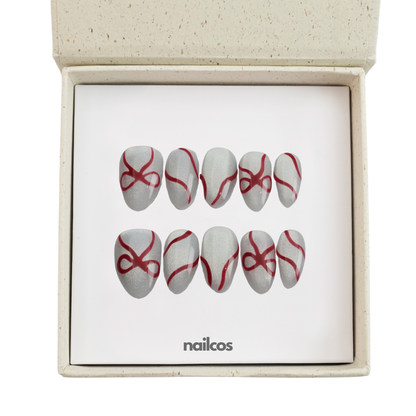 Ribbon Glaze Short Almond Cat Eye,Christmas / Winter Press-on Nails