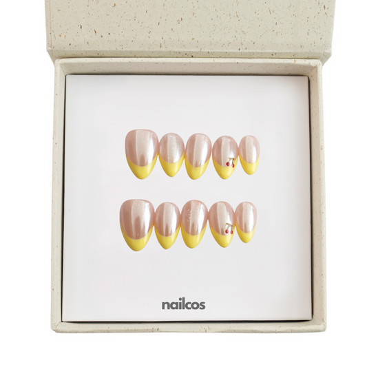 Yellow Cherry Short Almond French,Glazed Press-on Nails
