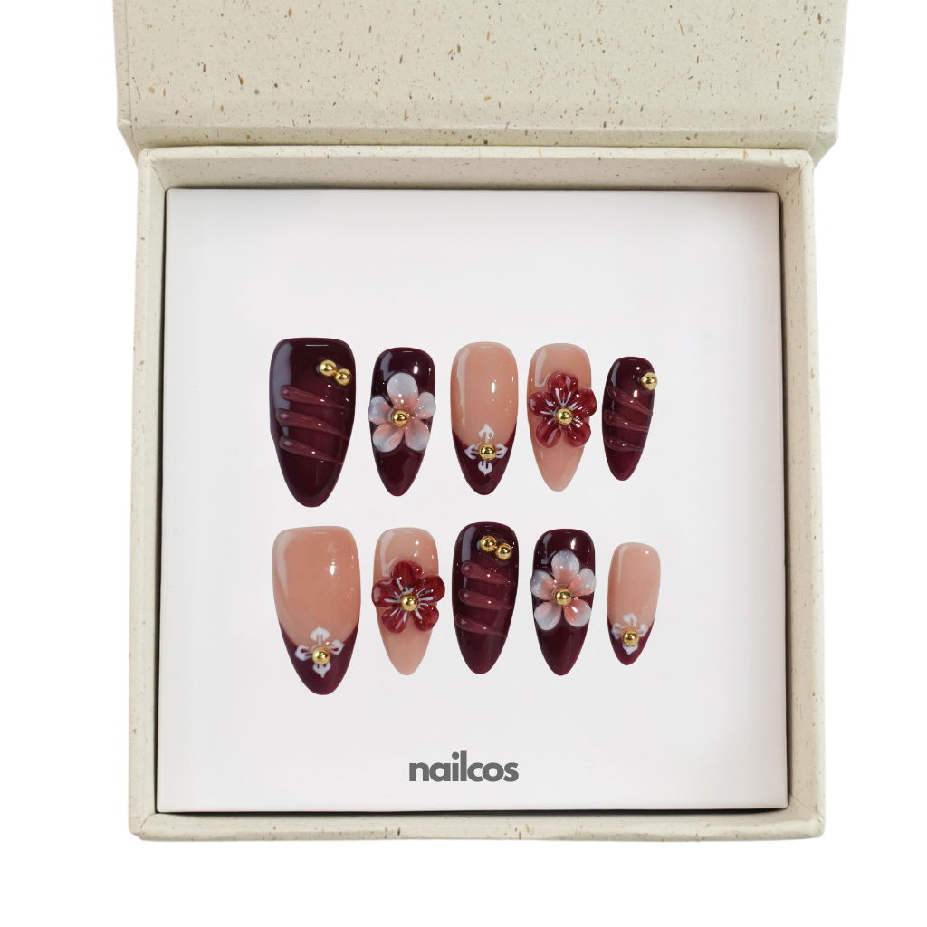 Violet Veil Medium Almond 3D Floral,Autumn,Winter Press-on Nails