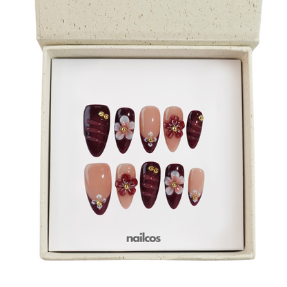 Violet Veil Medium Almond 3D Floral,Autumn,Winter Press-on Nails