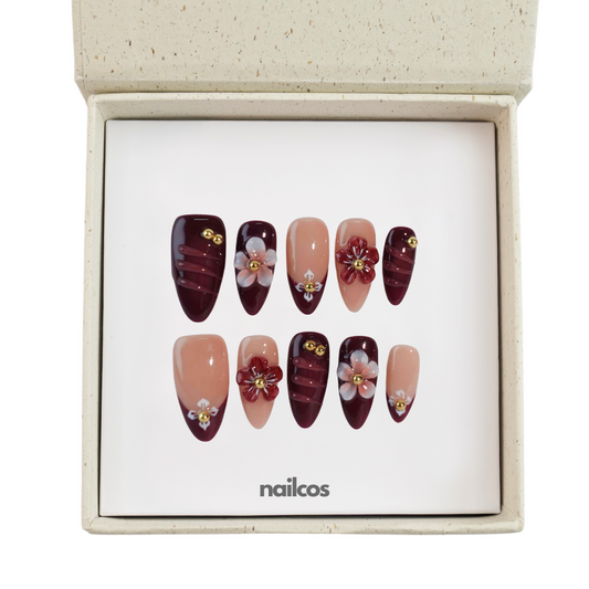 Violet Veil Medium Almond 3D Floral,Autumn,Winter Press-on Nails
