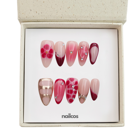 Berry Fall Midium Almond Floral,Painted Press-on Nails