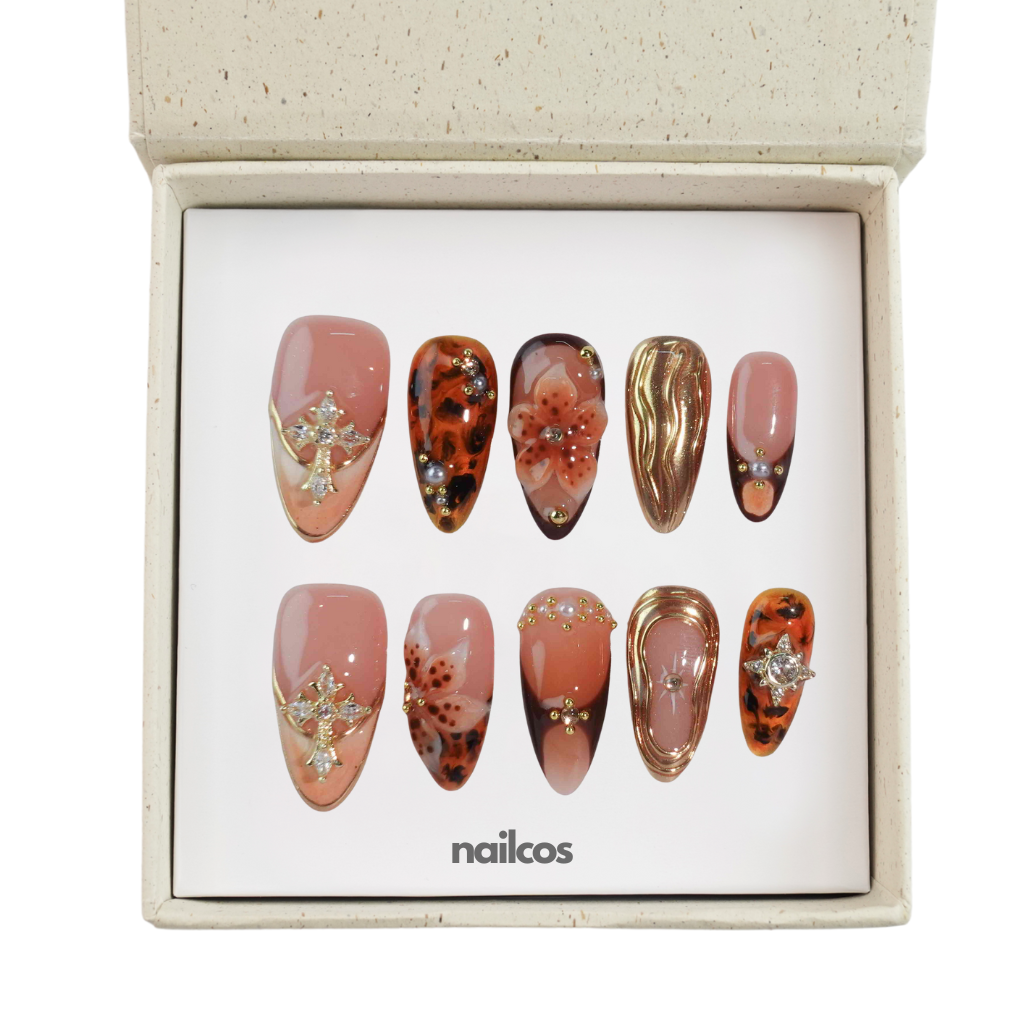 Menard Medium Almond 3D,Autumn Press-on Nails