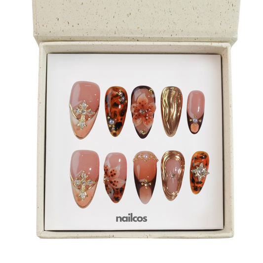 Menard Medium Almond 3D,Autumn Press-on Nails