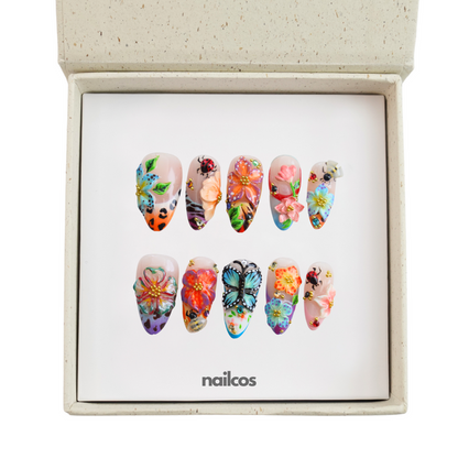 Flora Fauna Midium Almond 3D Floral Press-on Nails