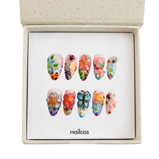 Flora Fauna Midium Almond 3D Floral Press-on Nails
