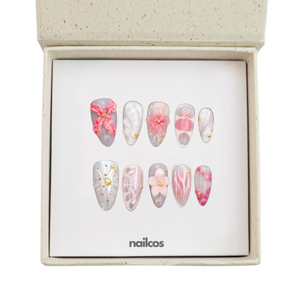 Sakura Cider Medium Almond 3D Floral,Summer Press-on Nails