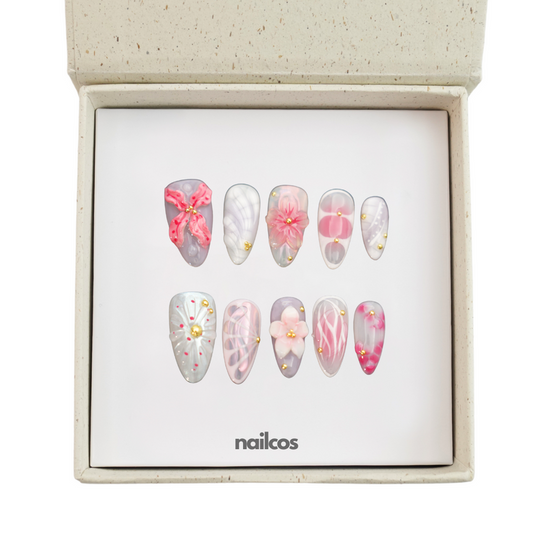 Sakura Cider Medium Almond 3D Floral,Summer Press-on Nails