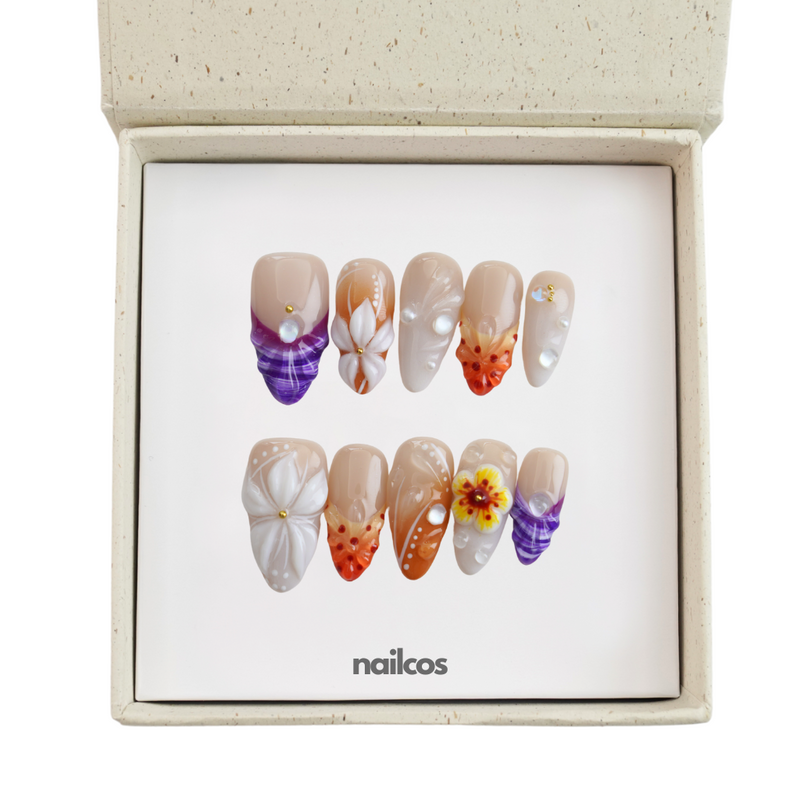 Tropical Carving Midium Almond 3D Floral,Summer Press-on Nails