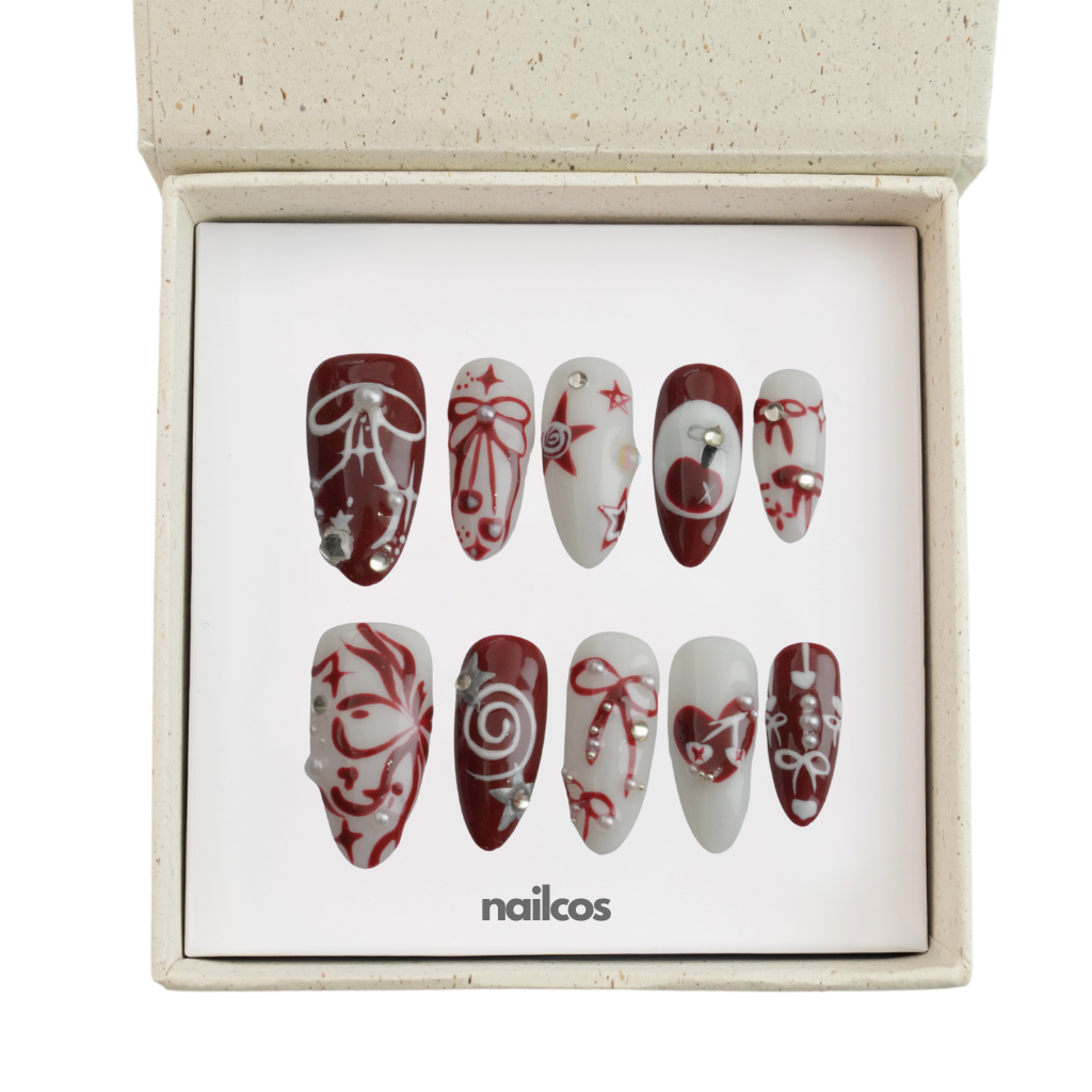 Merry Ribbon Medium Almond Y2K Style,Christmas / Winter,Gothic Press-on Nails