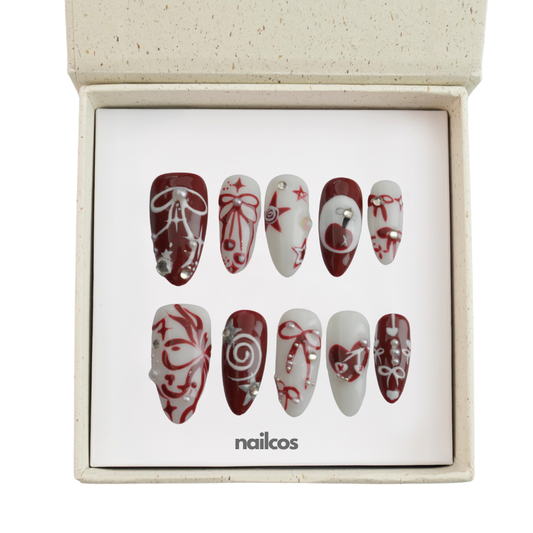 Merry Ribbon Medium Almond Y2K Style,Christmas / Winter,Gothic Press-on Nails