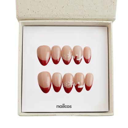 Snowflake Hat Medium Almond French,Christmas / Winter Press-on Nails